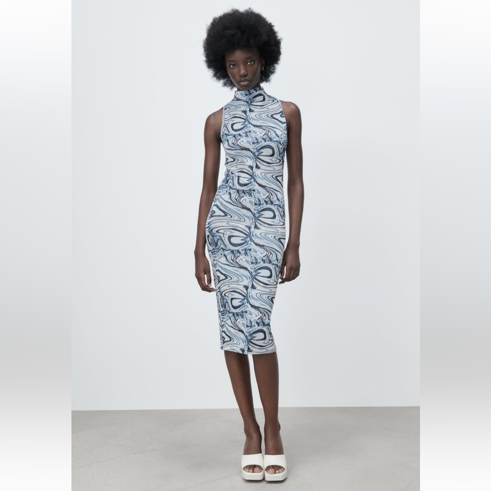 ZARA | Jacquard Dress | Blue Fitted Dress | Mock neck dress | XS-S